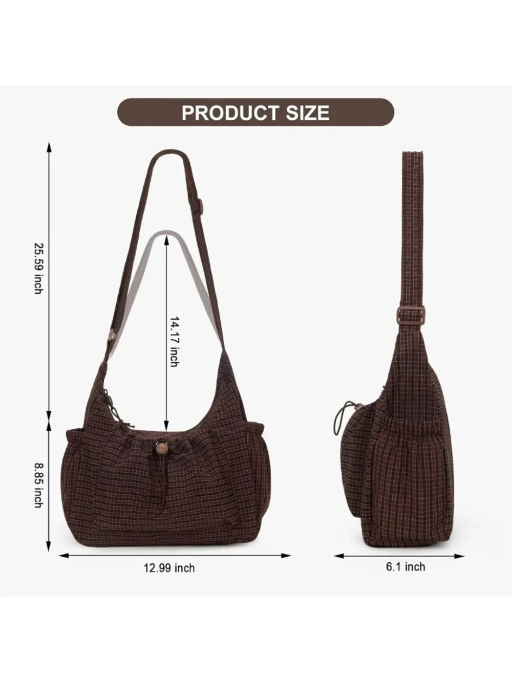 Plaid Nylon Hobo Bag | Soft Crossbody Messenger Purse with Adjustable Straps